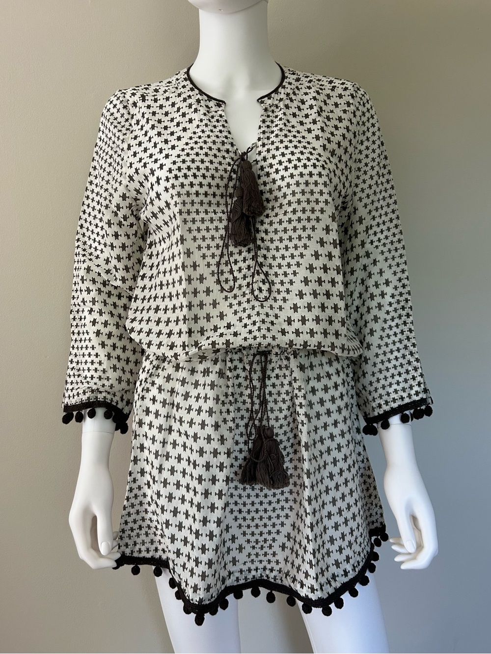 Talitha Silk Cotton Tassel Tunic Dress Size S Boho Resort Cover Up Pom Pom Trim